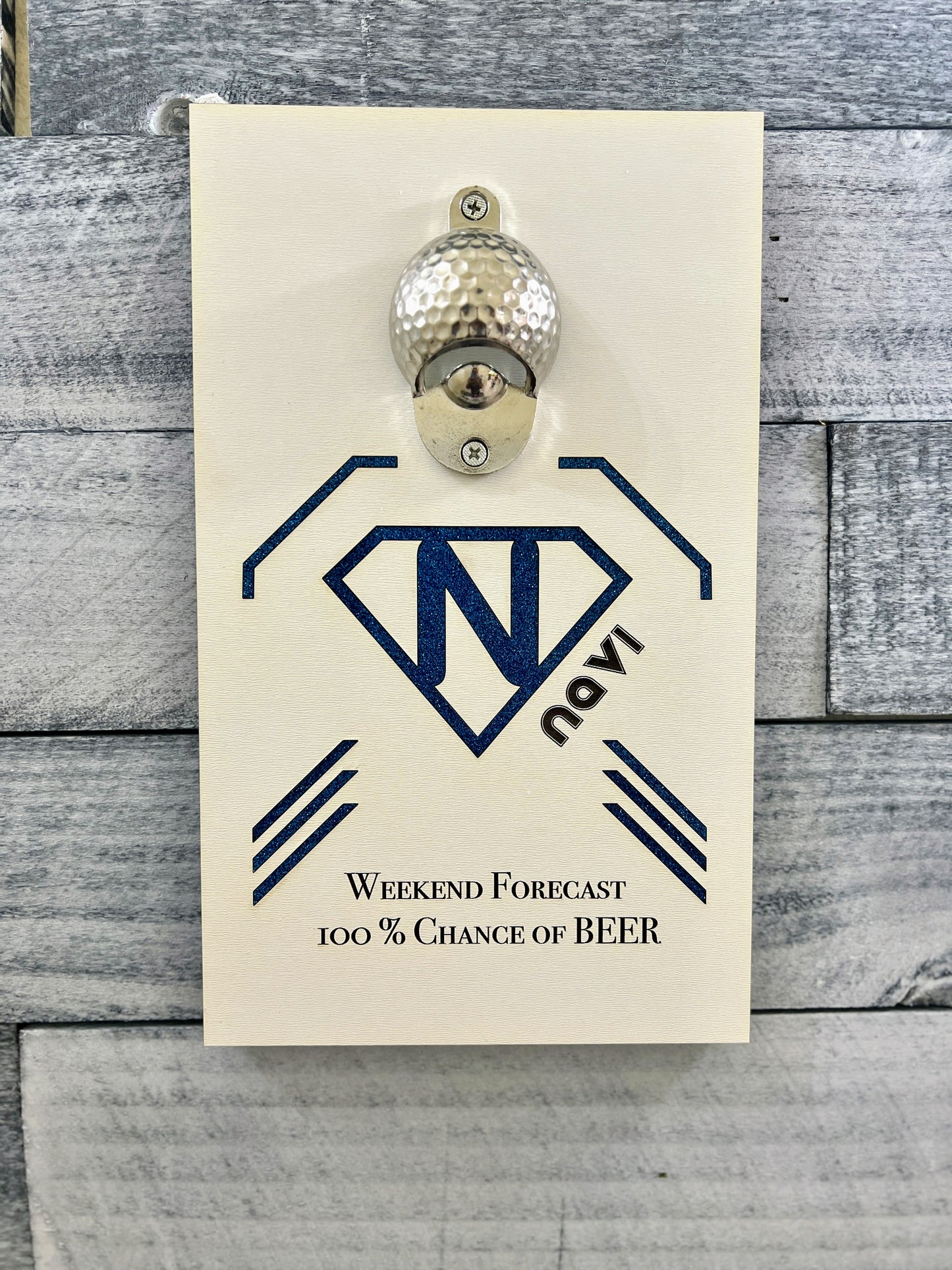 Wall mounted Beer bottle opener with personalised message.