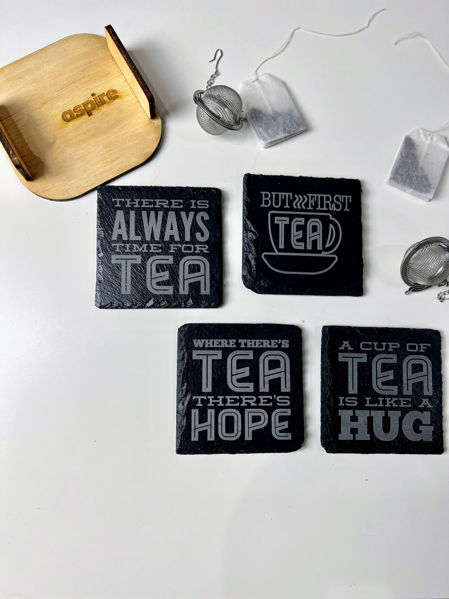 Tea slate coasters | Engraved coasters with unique messages for tea enthusiasts|Set of 4