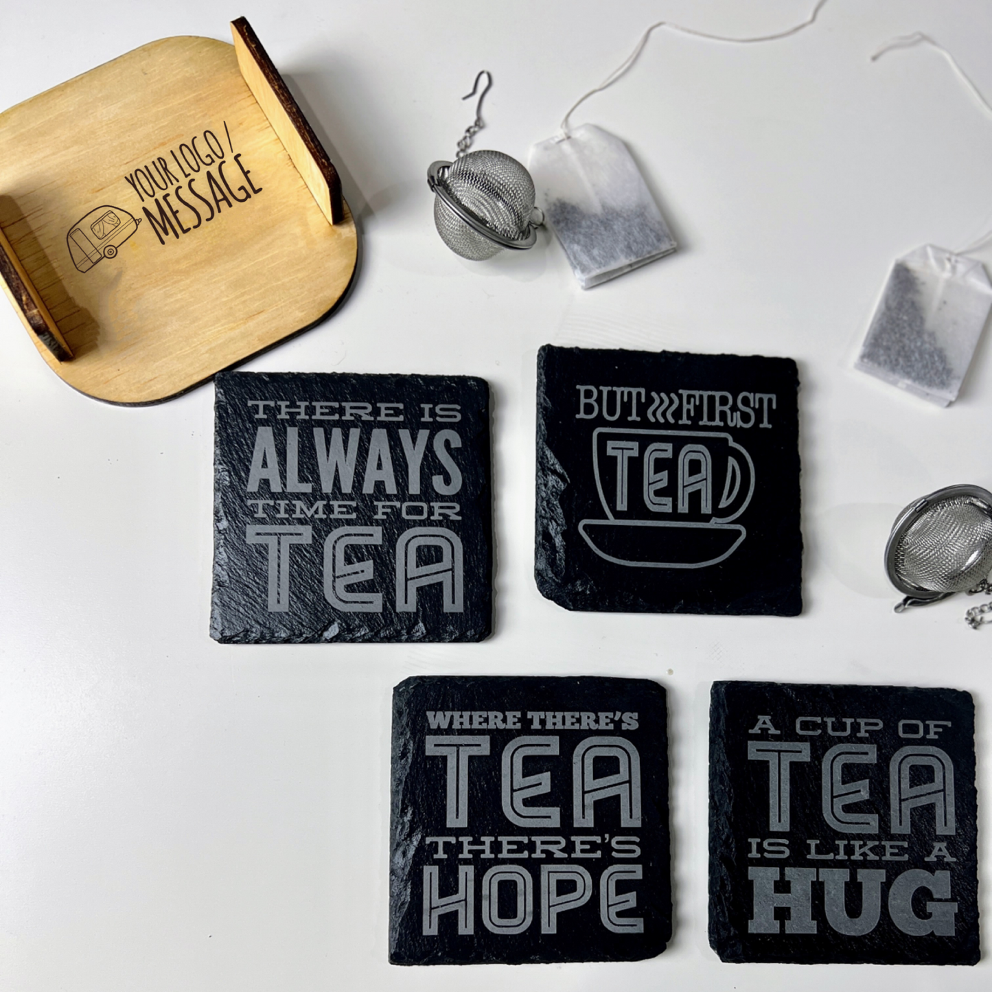 Tea slate coasters | Engraved coasters with unique messages for tea enthusiasts|Set of 4