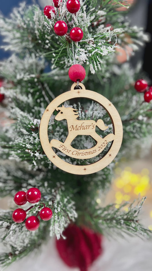 Baby’s first Christmas ornament 2022, Personalised first xmas, wooden ornament, baby shower gift , baby mobile, star moon, rocking horse