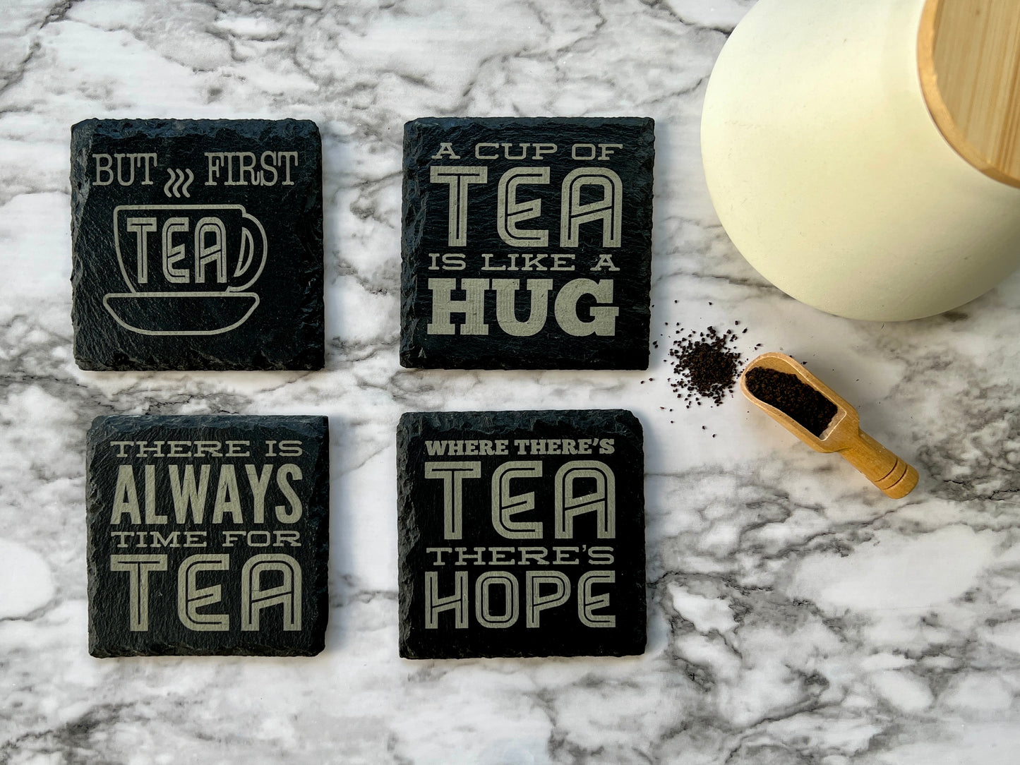 Tea slate coasters | Engraved coasters with unique messages for tea enthusiasts|Set of 4