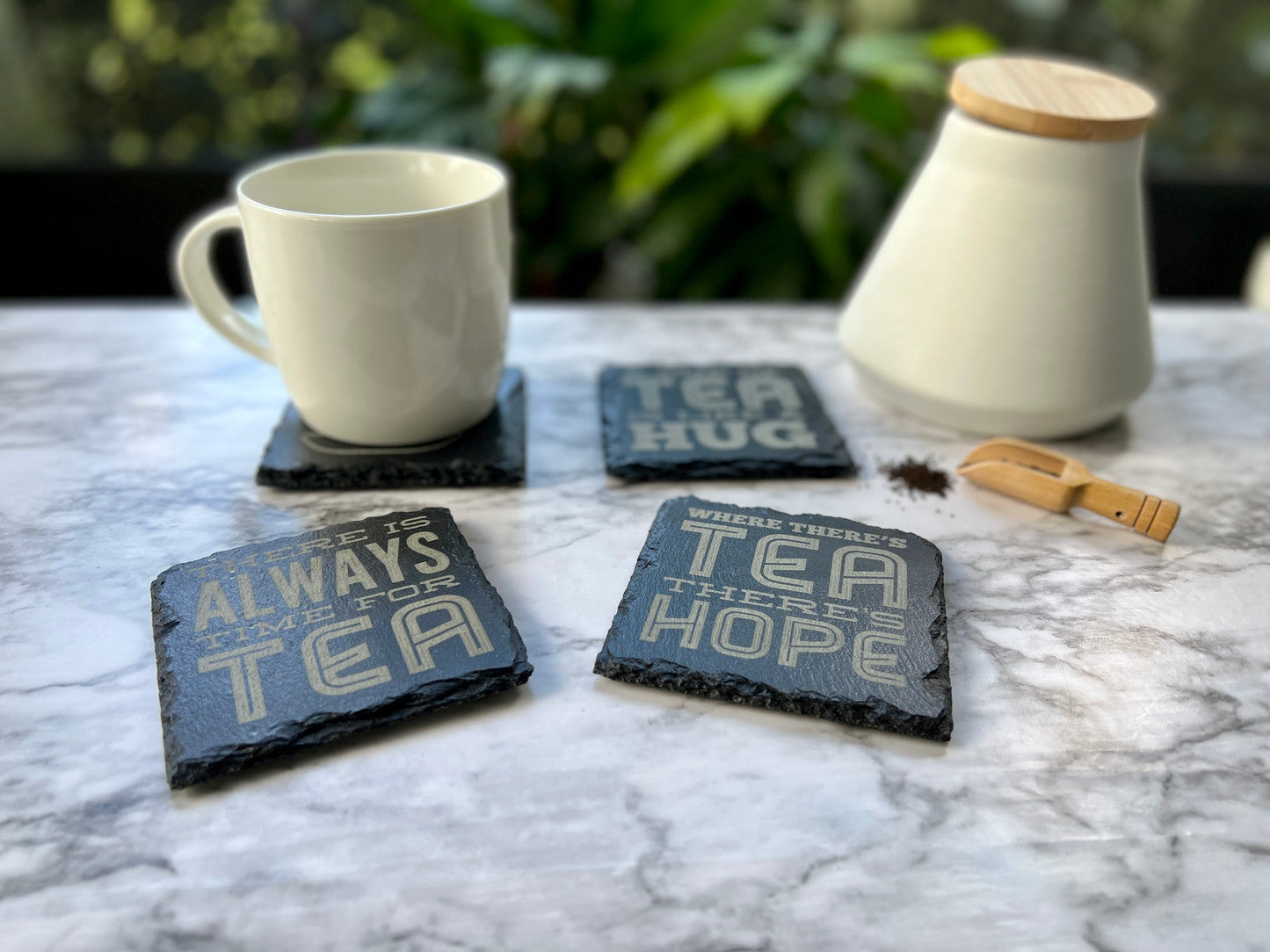 Tea slate coasters | Engraved coasters with unique messages for tea enthusiasts|Set of 4