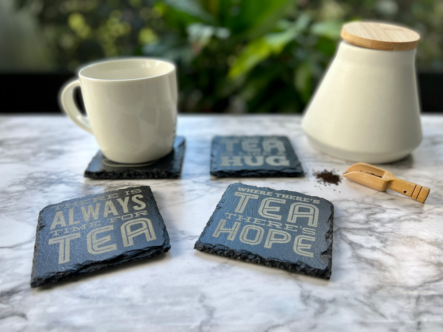 Tea slate coasters | Engraved coasters with unique messages for tea enthusiasts|Set of 4