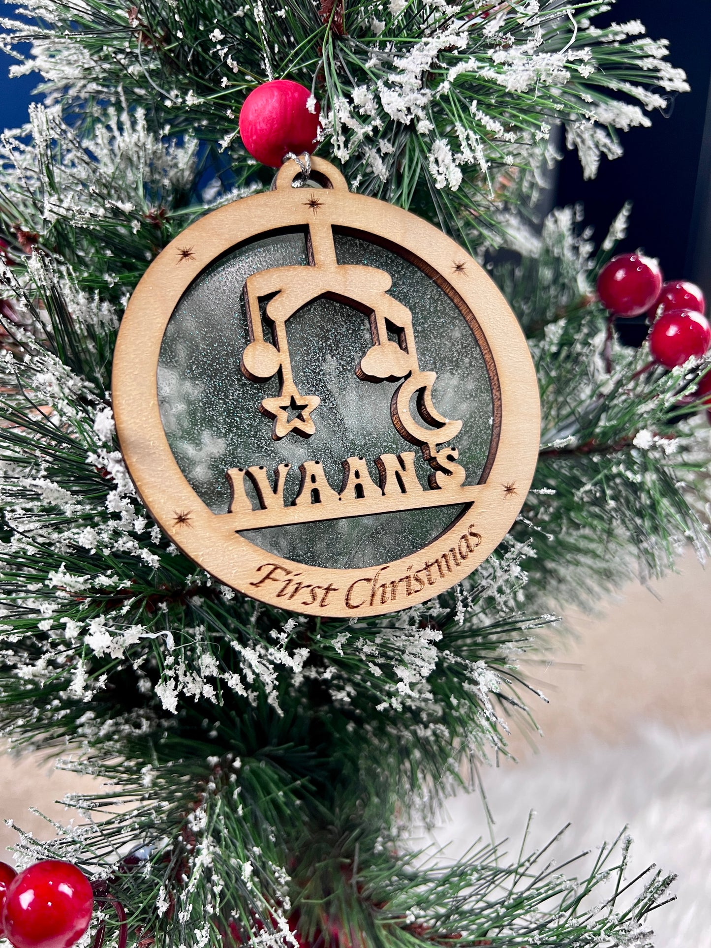 Baby’s first Christmas ornament 2022, Personalised first xmas, wooden ornament, baby shower gift , baby mobile, star moon, rocking horse