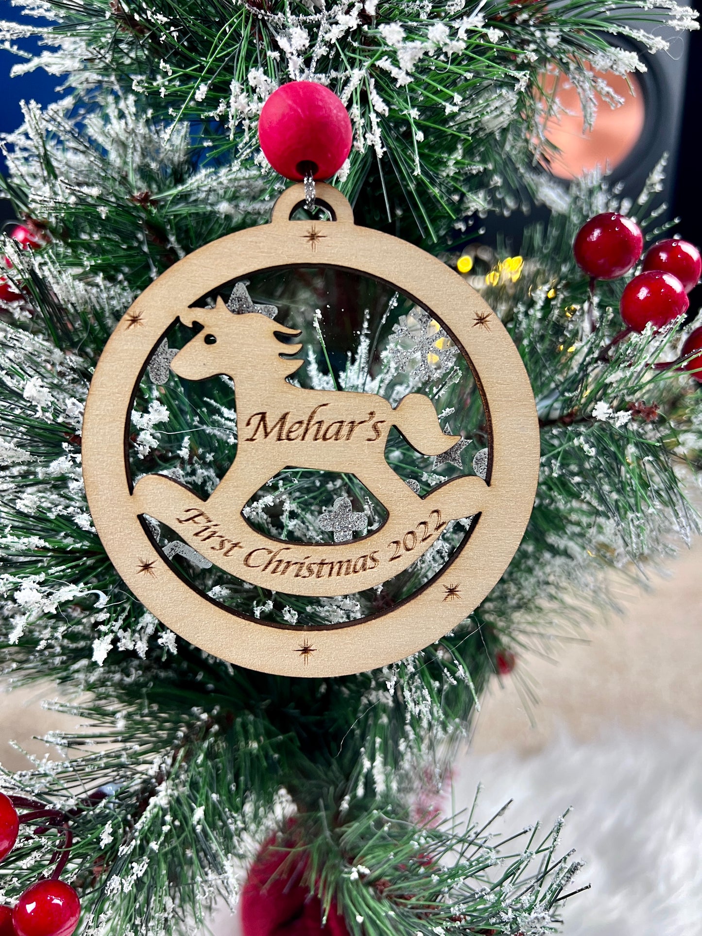 Baby’s first Christmas ornament 2022, Personalised first xmas, wooden ornament, baby shower gift , baby mobile, star moon, rocking horse