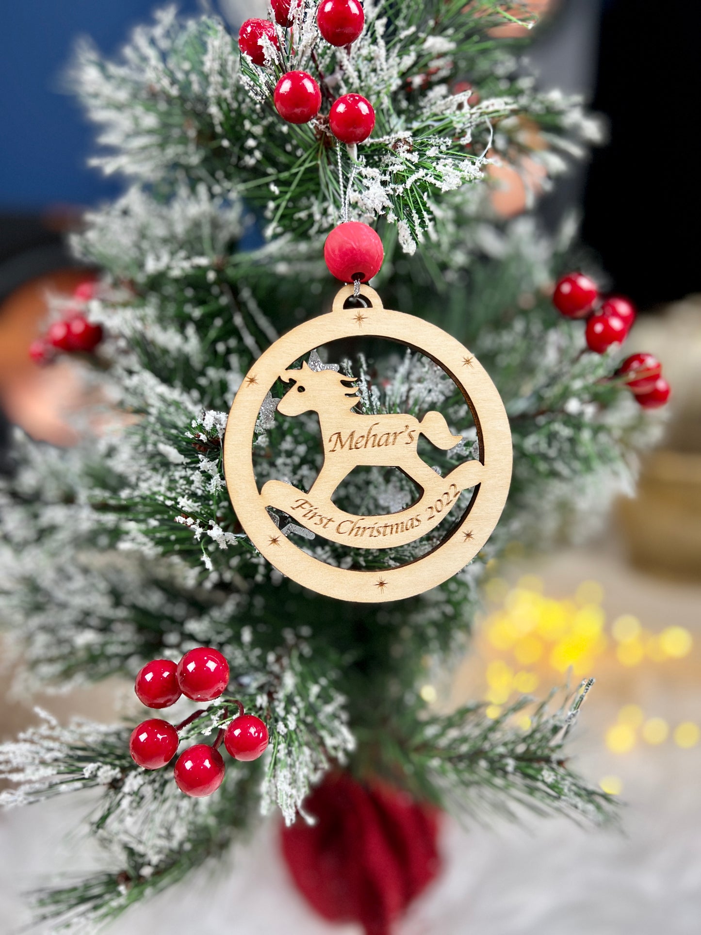 Baby’s first Christmas ornament 2022, Personalised first xmas, wooden ornament, baby shower gift , baby mobile, star moon, rocking horse