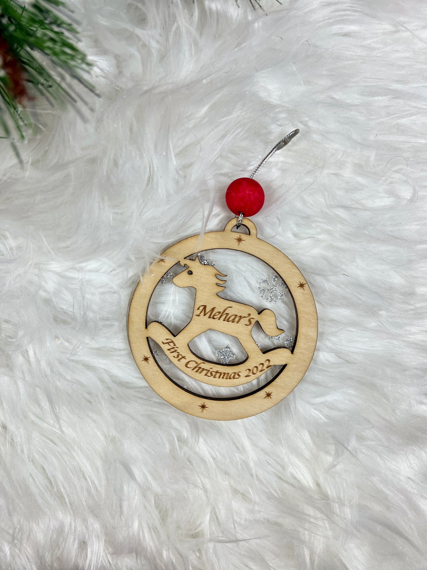 Baby’s first Christmas ornament 2022, Personalised first xmas, wooden ornament, baby shower gift , baby mobile, star moon, rocking horse