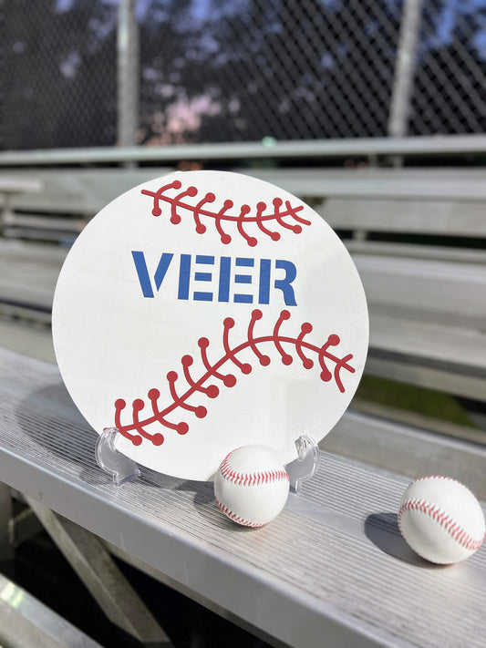 Baseball name sign, personalised baseball signs, round name sign, boy nursery sign, custom baseball name sign, baseball baby sign